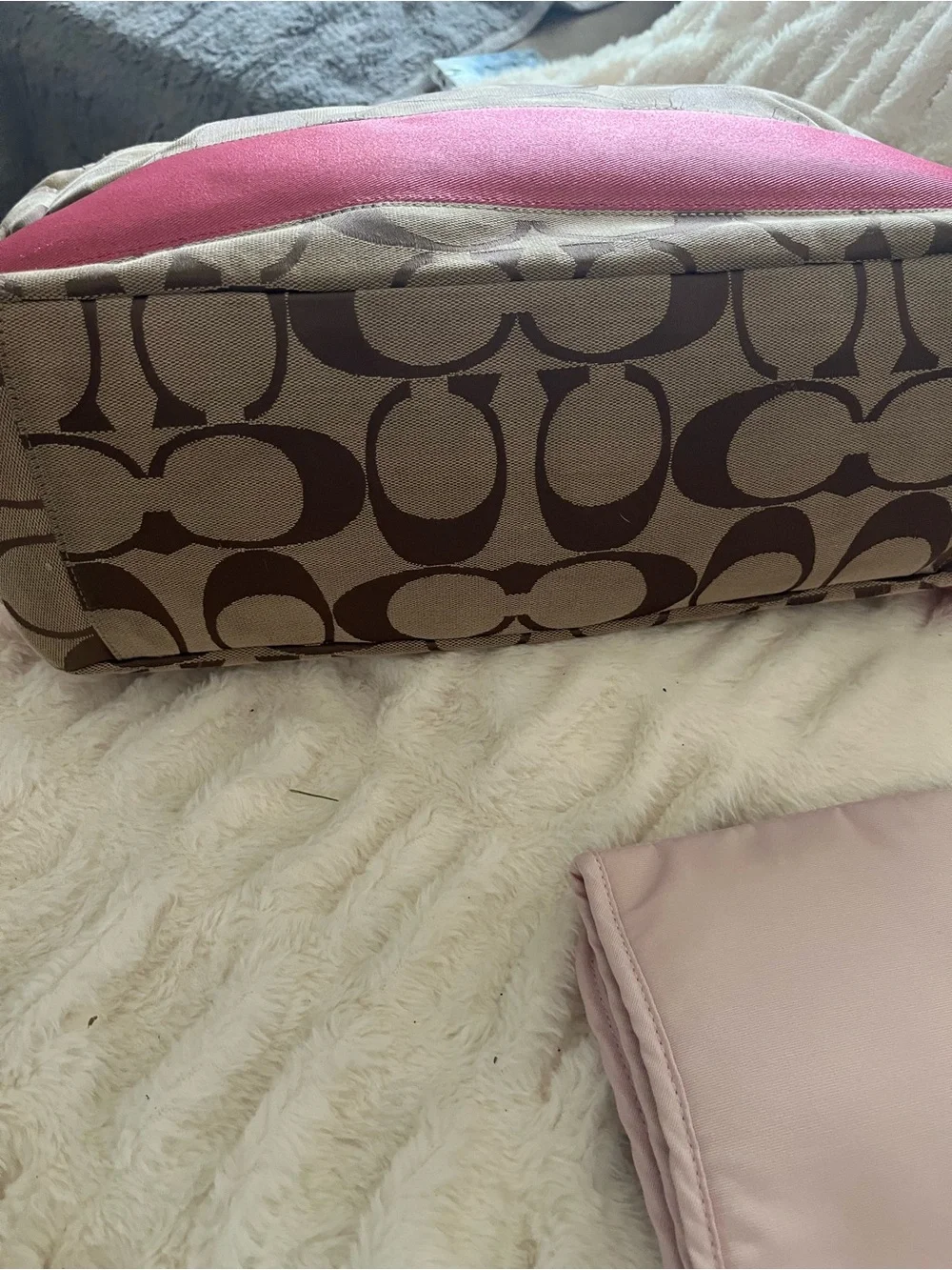 Coach Signature Stripe Baby Bag w/ Hot Pink Patient Leather Trim - EUC